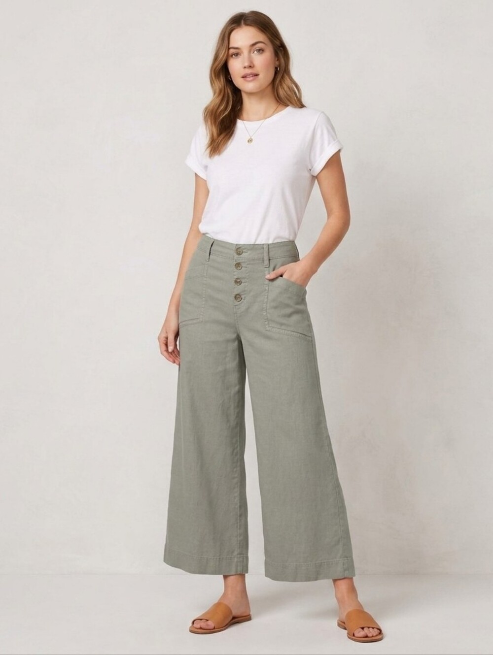 EVEREVE High-Rise Wide-Leg Button-Front Pants in Sage-28